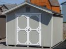 10x12 Front Entry Peak Style Storage Shed with Light Grey Engineered LP Smart Side Siding, White Trim, Double Doors, and Gable End Vents